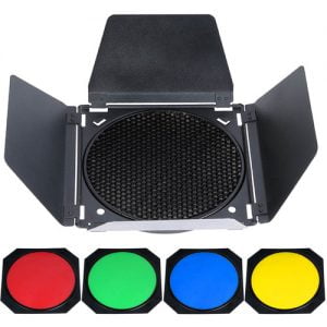 Godox BD-04 Barndoor with Honeycomb Grid and 4 Colour Gel Filters for Bowens Reflector